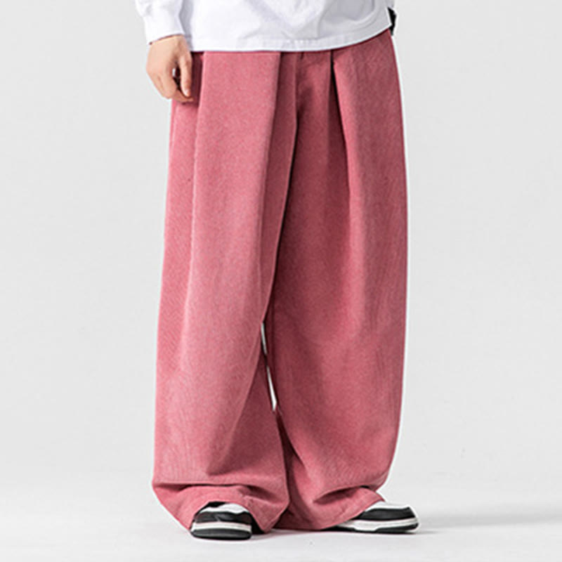 Pantalon large en velours côtelé de coton de couleur unie Buddha Stones pour homme avec poches