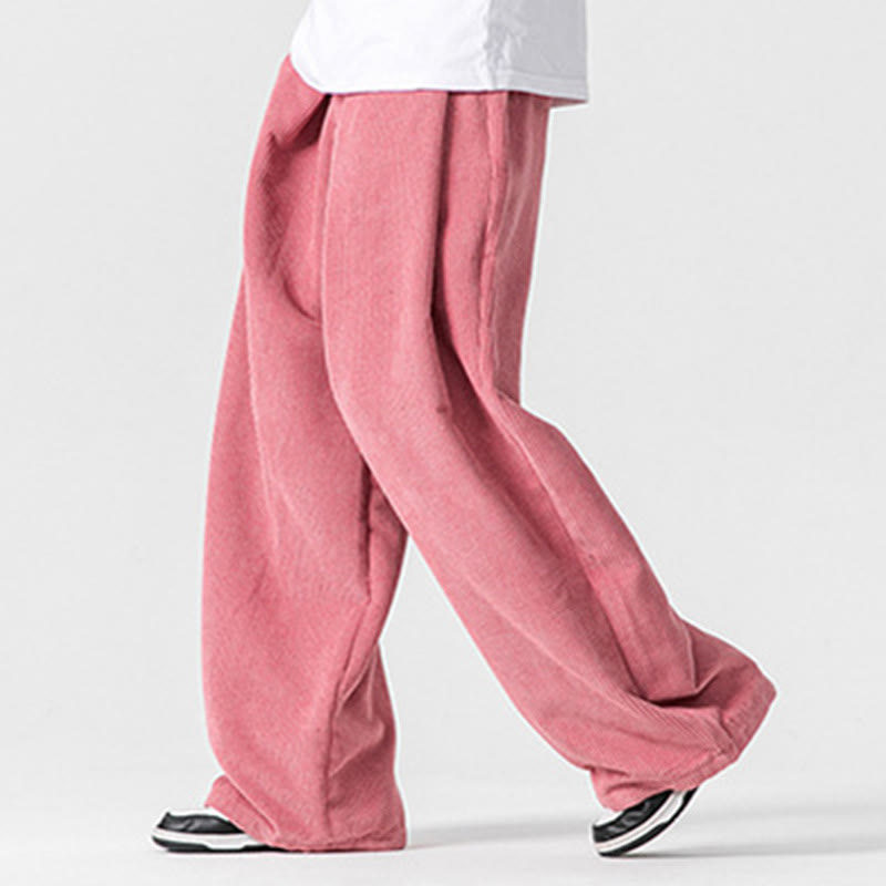 Pantalon large en velours côtelé de coton de couleur unie Buddha Stones pour homme avec poches