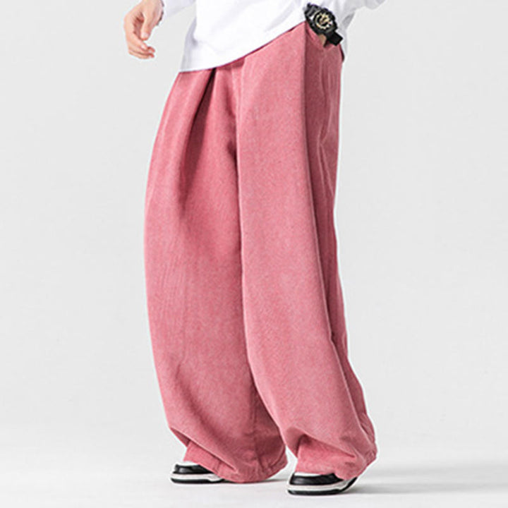 Pantalon large en velours côtelé de coton de couleur unie Buddha Stones pour homme avec poches