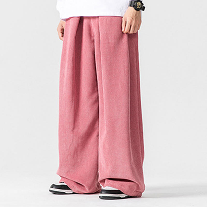 Pantalon large en velours côtelé de coton de couleur unie Buddha Stones pour homme avec poches