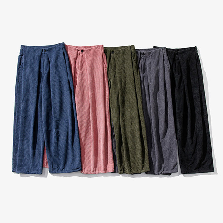 Pantalon large en velours côtelé de coton de couleur unie Buddha Stones pour homme avec poches