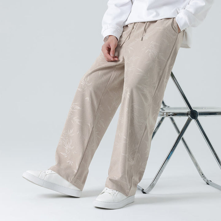 Pantalon large en velours côtelé pour homme avec poches et motif bambou et Buddha Stones - Beige - US/UK/AU46，EU56 (5XL) - image 0