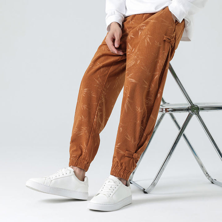 Pantalon en velours côtelé à boutons-grenouilles et poches pour homme Buddha Stones Automne Hiver Bambou - SandyBrown - US/UK/AU46，EU56 (5XL) - image 0