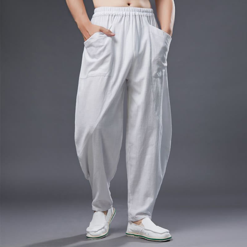 Pantalon Buddha Stones en coton ramie et lin de couleur unie avec poches pour homme, taille élastique - Blanc - US/UK/AU38， EU48 (XL) - image 0