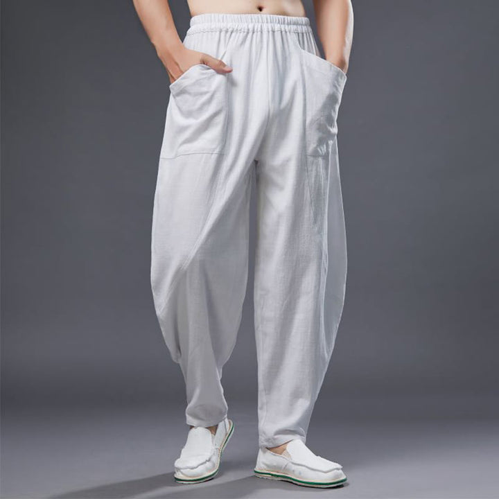 Pantalon Buddha Stones en coton ramie et lin de couleur unie avec poches pour homme, taille élastique - Blanc - US/UK/AU38， EU48 (XL) - image 0