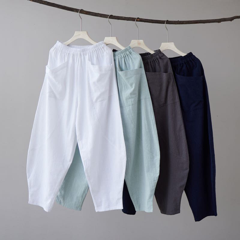 Pantalon Buddha Stones en coton ramie et lin de couleur unie avec poches pour homme, taille élastique - image 1