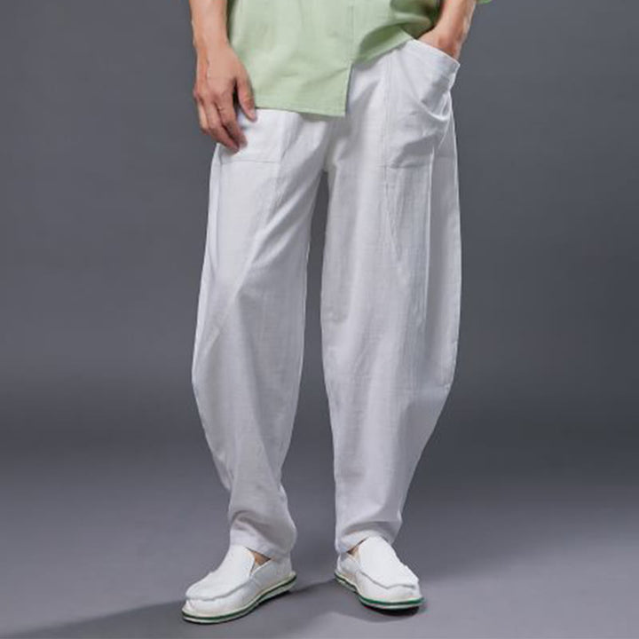 Pantalon Buddha Stones en coton ramie et lin de couleur unie avec poches pour homme, taille élastique - image 9