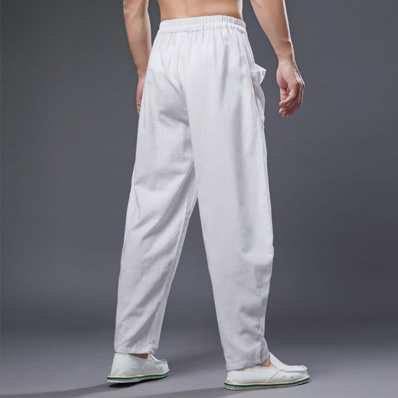 Pantalon Buddha Stones en coton ramie et lin de couleur unie avec poches pour homme, taille élastique - image 4