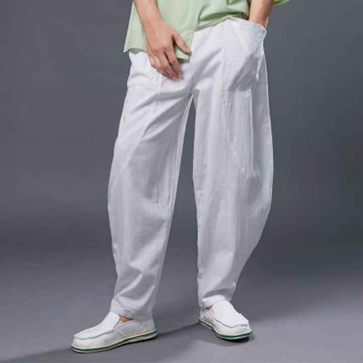 Pantalon Buddha Stones en coton ramie et lin de couleur unie avec poches pour homme, taille élastique - image 2