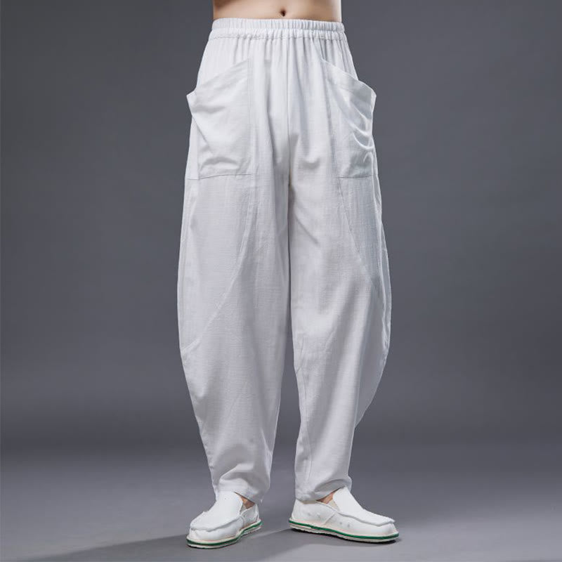 Pantalon Buddha Stones en coton ramie et lin de couleur unie avec poches pour homme, taille élastique - image 8