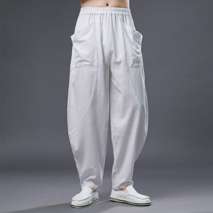 Pantalon Buddha Stones en coton ramie et lin de couleur unie avec poches pour homme, taille élastique - image 8