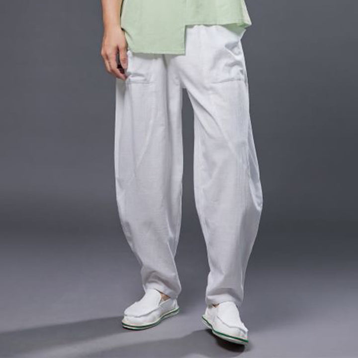 Pantalon Buddha Stones en coton ramie et lin de couleur unie avec poches pour homme, taille élastique - image 7