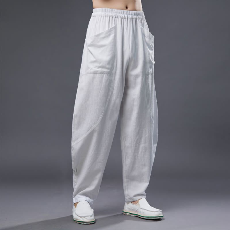 Pantalon Buddha Stones en coton ramie et lin de couleur unie avec poches pour homme, taille élastique - image 10