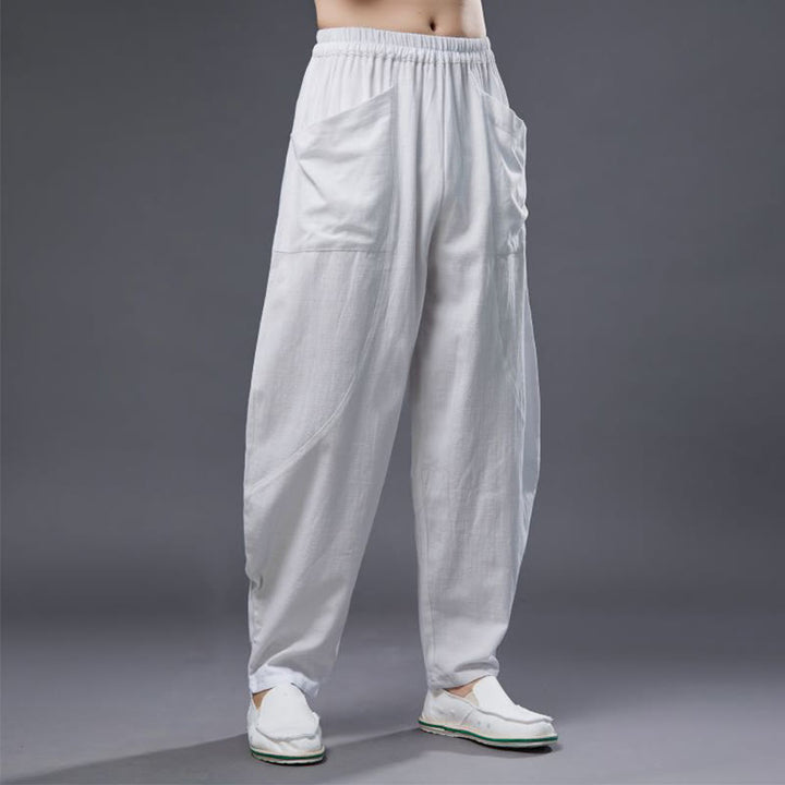 Pantalon Buddha Stones en coton ramie et lin de couleur unie avec poches pour homme, taille élastique - image 10