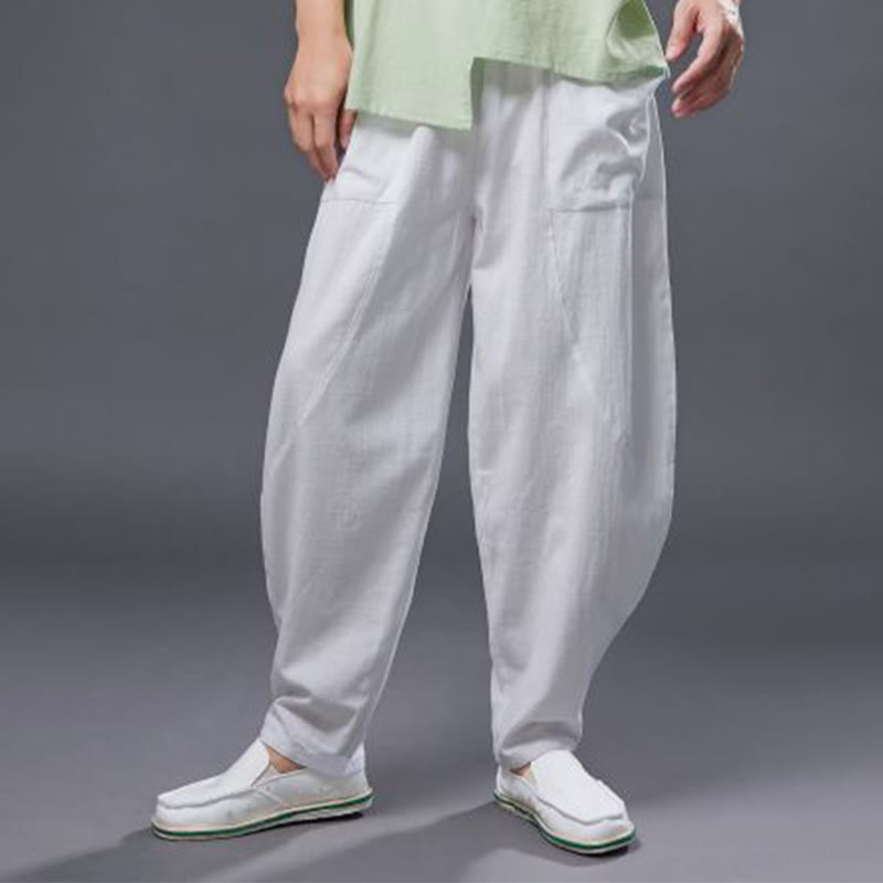 Pantalon Buddha Stones en coton ramie et lin de couleur unie avec poches pour homme, taille élastique - image 6