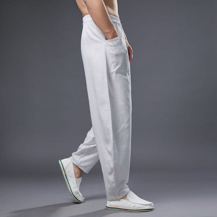 Pantalon Buddha Stones en coton ramie et lin de couleur unie avec poches pour homme, taille élastique - image 3