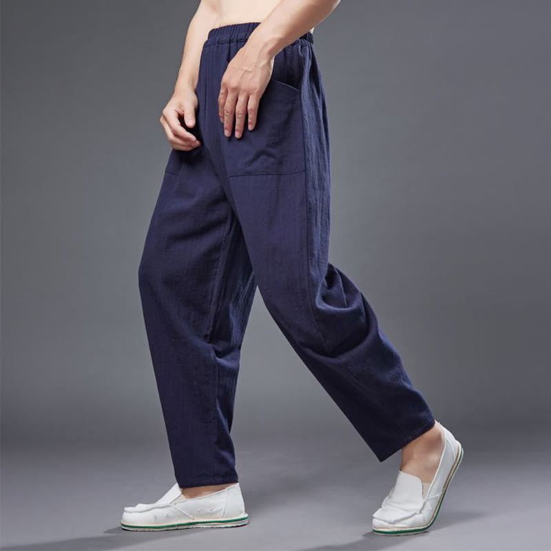 Pantalon Buddha Stones en coton ramie et lin de couleur unie avec poches pour homme, taille élastique - image 15