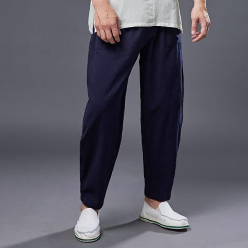 Pantalon Buddha Stones en coton ramie et lin de couleur unie avec poches pour homme, taille élastique - image 17