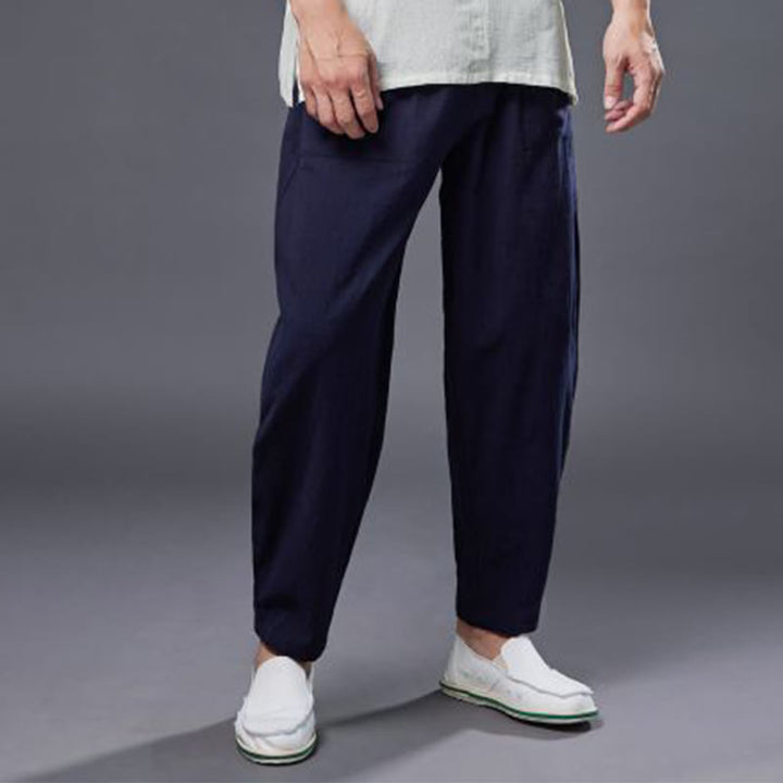 Pantalon Buddha Stones en coton ramie et lin de couleur unie avec poches pour homme, taille élastique - image 17
