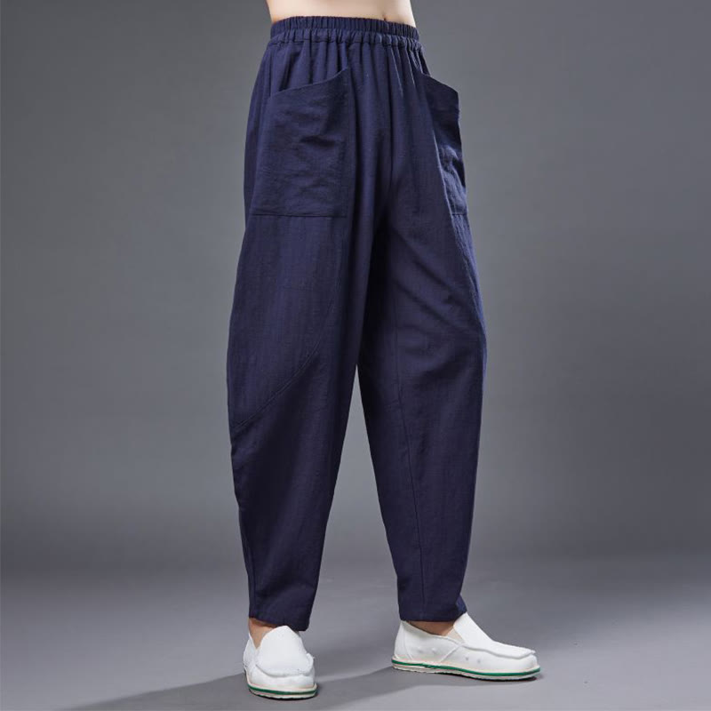 Pantalon Buddha Stones en coton ramie et lin de couleur unie avec poches pour homme, taille élastique - image 12