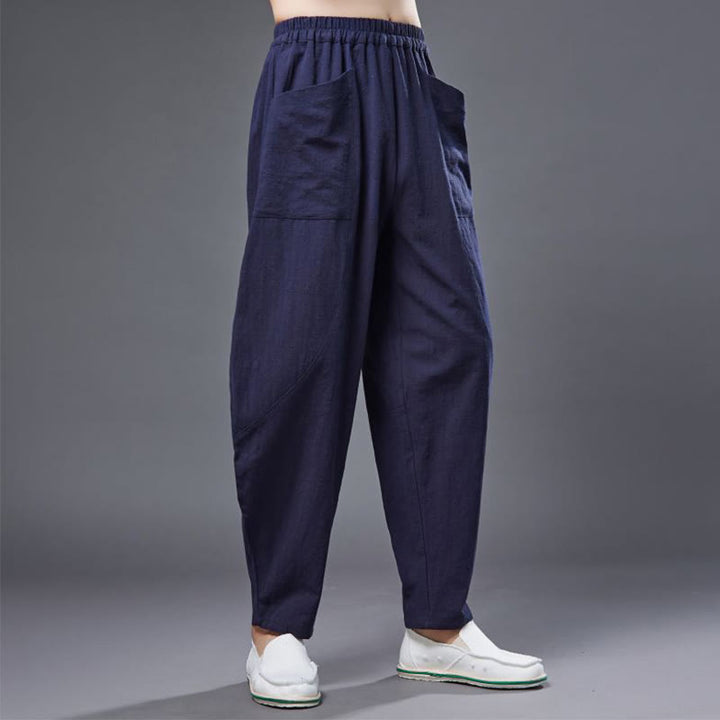 Pantalon Buddha Stones en coton ramie et lin de couleur unie avec poches pour homme, taille élastique - image 12
