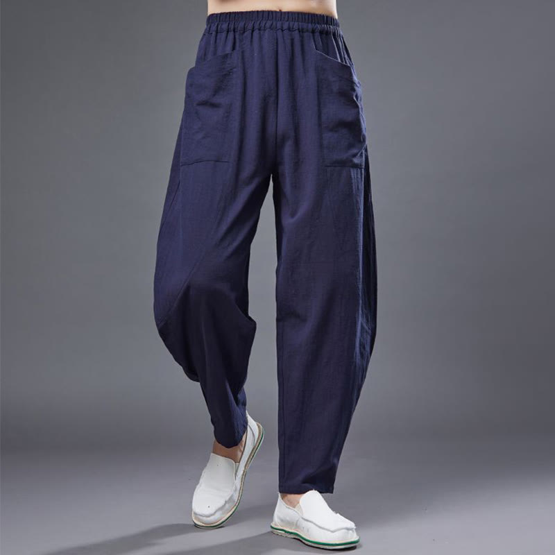 Pantalon Buddha Stones en coton ramie et lin de couleur unie avec poches pour homme, taille élastique - SteelBlue - US/UK/AU38， EU48 (XL) - image 11