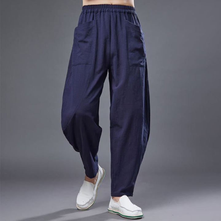 Pantalon Buddha Stones en coton ramie et lin de couleur unie avec poches pour homme, taille élastique - SteelBlue - US/UK/AU38， EU48 (XL) - image 11