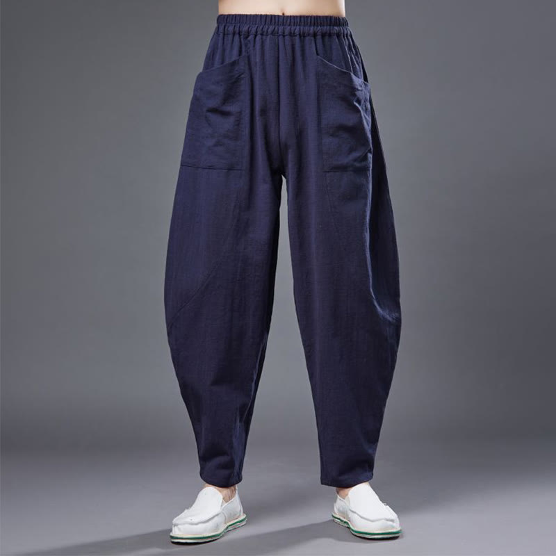 Pantalon Buddha Stones en coton ramie et lin de couleur unie avec poches pour homme, taille élastique - image 16