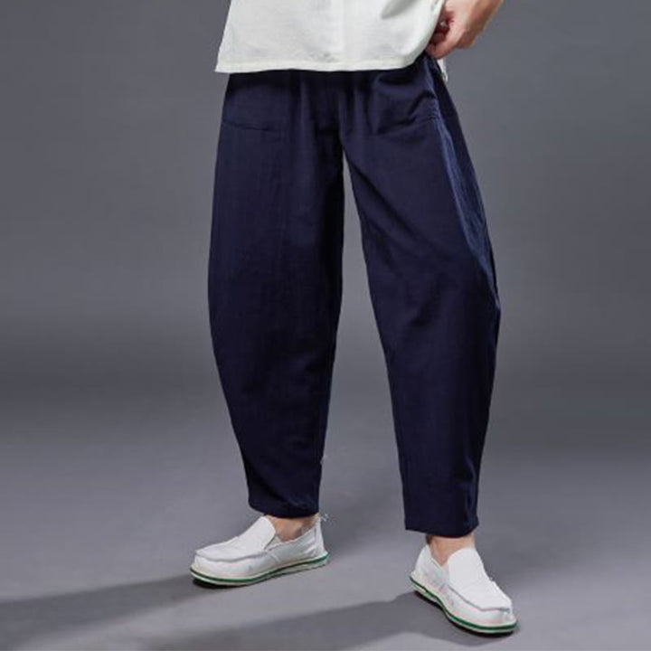 Pantalon Buddha Stones en coton ramie et lin de couleur unie avec poches pour homme, taille élastique - image 13