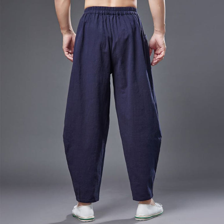 Pantalon Buddha Stones en coton ramie et lin de couleur unie avec poches pour homme, taille élastique - image 14