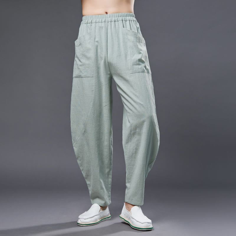 Pantalon Buddha Stones en coton ramie et lin de couleur unie avec poches pour homme, taille élastique - Vert pâle - US/UK/AU38， EU48 (XL) - image 18