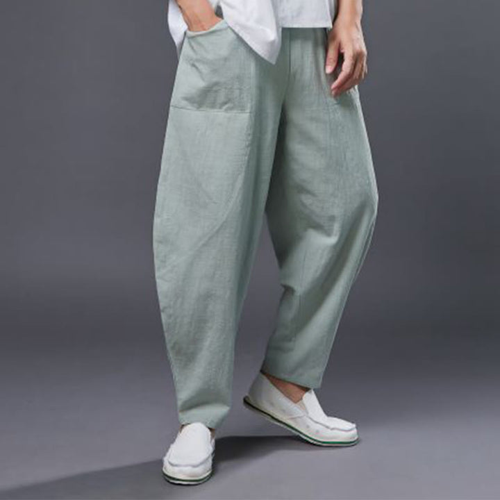 Pantalon Buddha Stones en coton ramie et lin de couleur unie avec poches pour homme, taille élastique - image 26