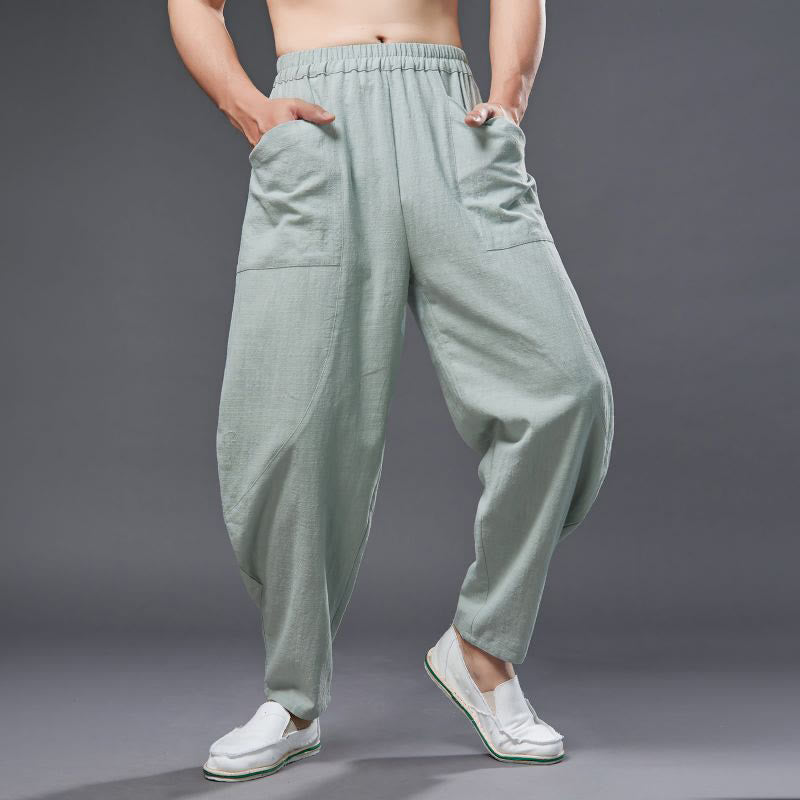 Pantalon Buddha Stones en coton ramie et lin de couleur unie avec poches pour homme, taille élastique - image 24