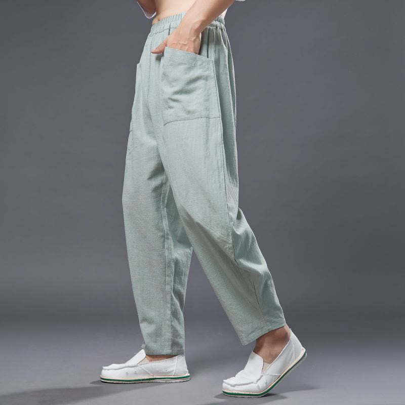 Pantalon Buddha Stones en coton ramie et lin de couleur unie avec poches pour homme, taille élastique - image 20