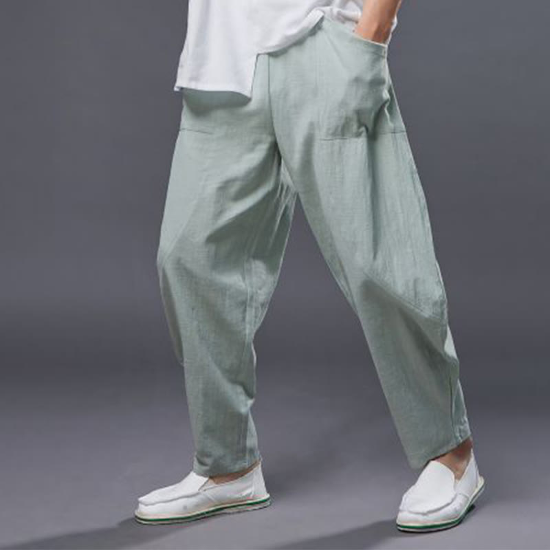 Pantalon Buddha Stones en coton ramie et lin de couleur unie avec poches pour homme, taille élastique - image 22