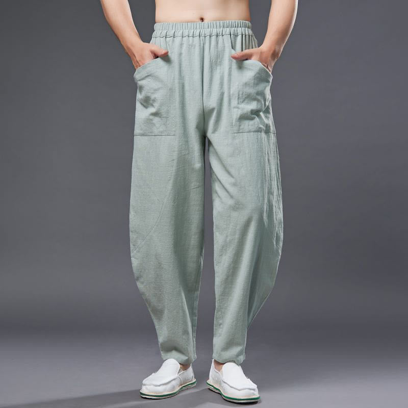 Pantalon Buddha Stones en coton ramie et lin de couleur unie avec poches pour homme, taille élastique - image 21