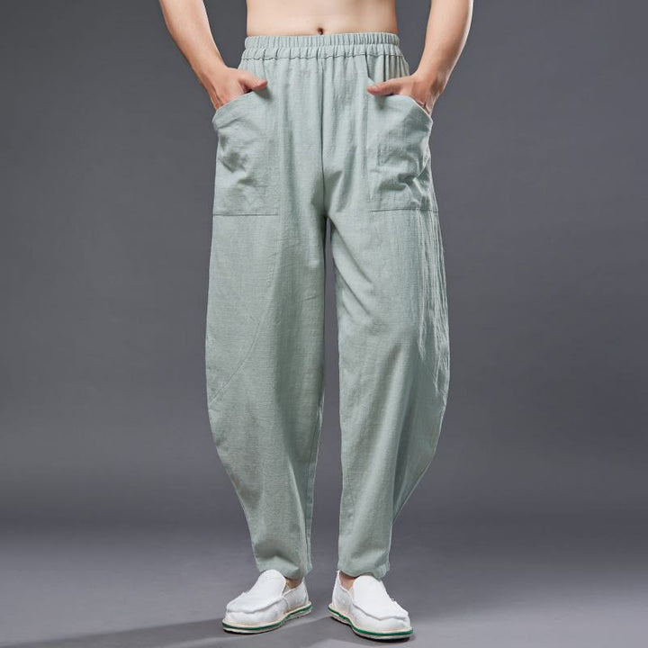 Pantalon Buddha Stones en coton ramie et lin de couleur unie avec poches pour homme, taille élastique - image 21