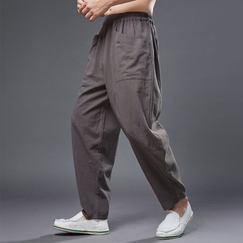 Pantalon Buddha Stones en coton ramie et lin de couleur unie avec poches pour homme, taille élastique - image 36