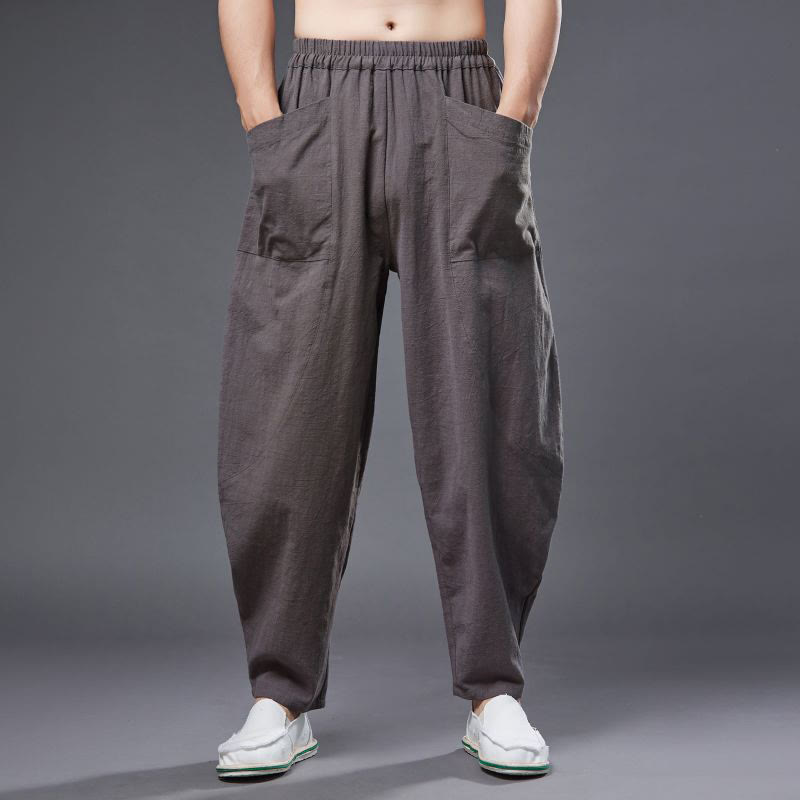 Pantalon Buddha Stones en coton ramie et lin de couleur unie avec poches pour homme, taille élastique - image 35
