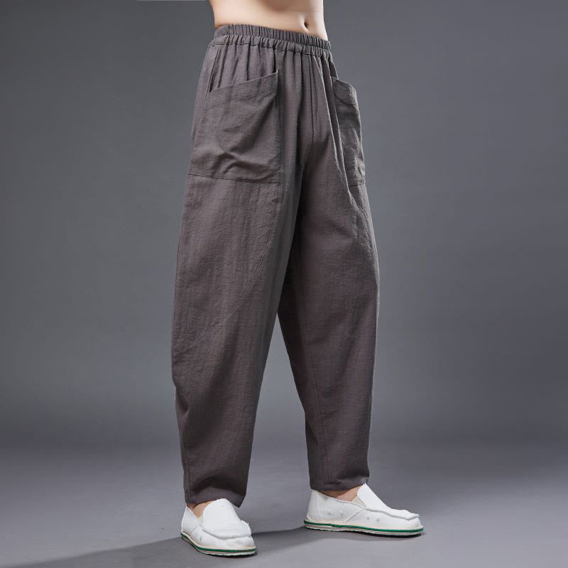 Pantalon Buddha Stones en coton ramie et lin de couleur unie avec poches pour homme, taille élastique - image 34