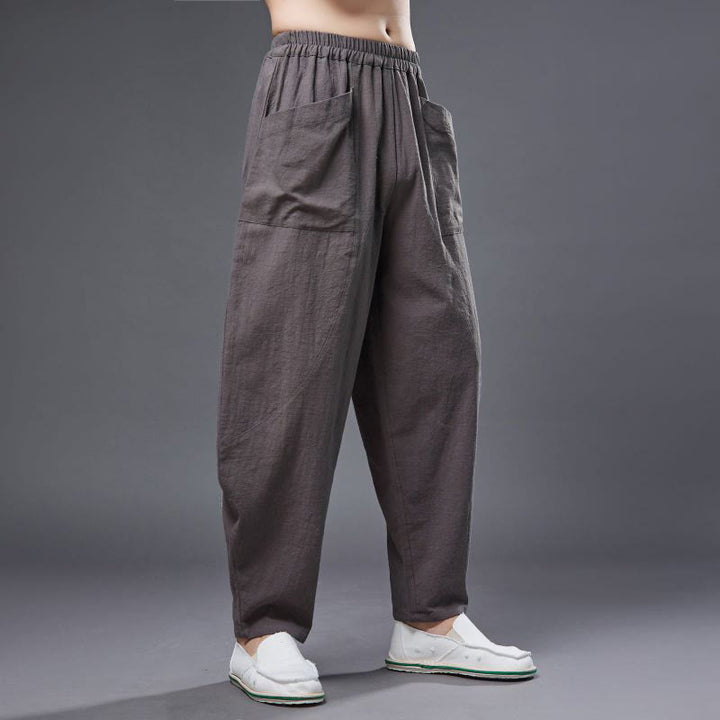 Pantalon Buddha Stones en coton ramie et lin de couleur unie avec poches pour homme, taille élastique - image 34