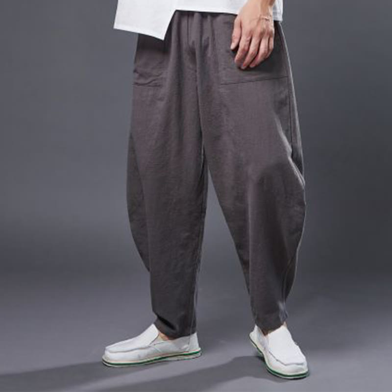 Pantalon Buddha Stones en coton ramie et lin de couleur unie avec poches pour homme, taille élastique - image 39