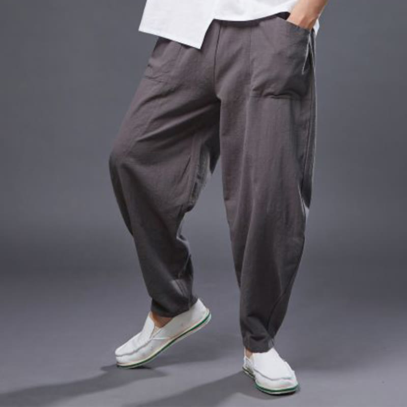 Pantalon Buddha Stones en coton ramie et lin de couleur unie avec poches pour homme, taille élastique - image 38
