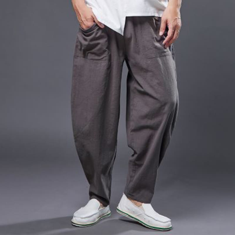 Pantalon Buddha Stones en coton ramie et lin de couleur unie avec poches pour homme, taille élastique - image 37