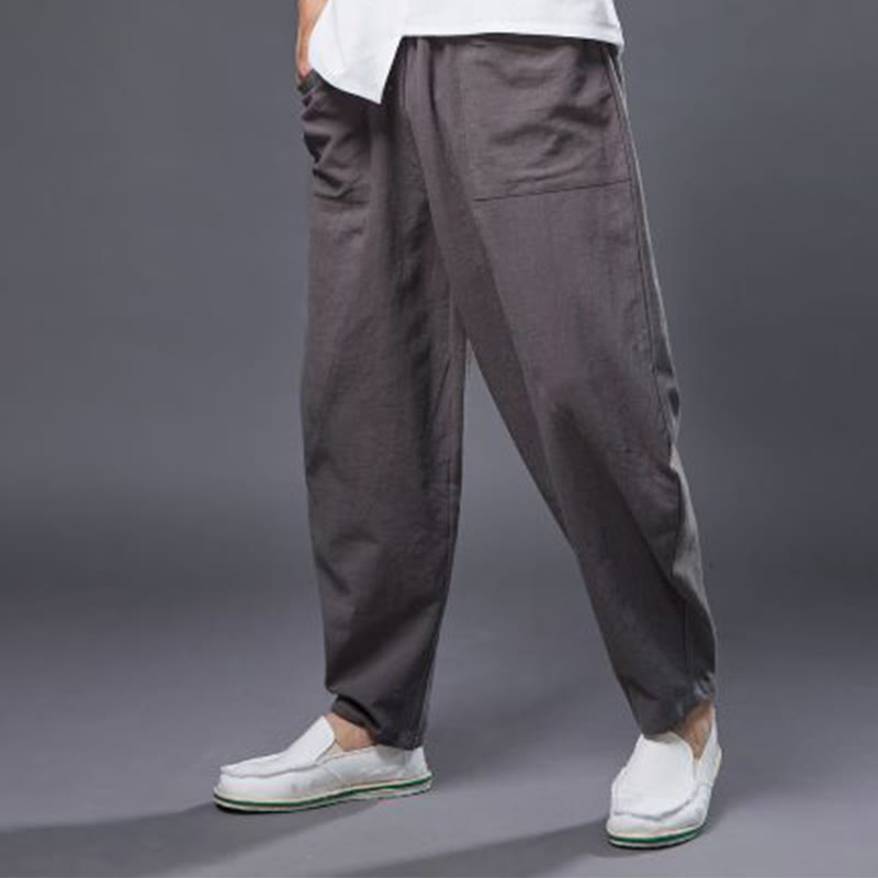 Pantalon Buddha Stones en coton ramie et lin de couleur unie avec poches pour homme, taille élastique - image 40