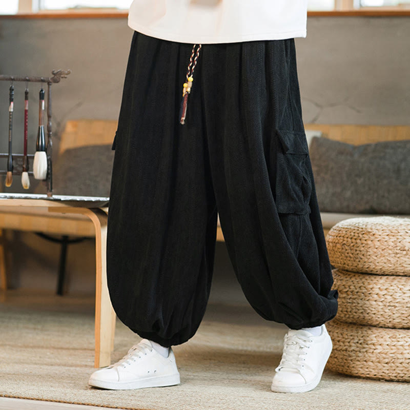 Pantalon cargo en velours côtelé chenille avec cordon de serrage et poches pour homme de Buddha Stones Automne Hiver - Noir - US/UK/AU46，EU56 (5XL) - image 0