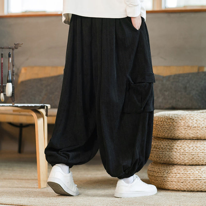 Pantalon cargo en velours côtelé chenille avec cordon de serrage et poches pour homme de Buddha Stones Automne Hiver - image 4