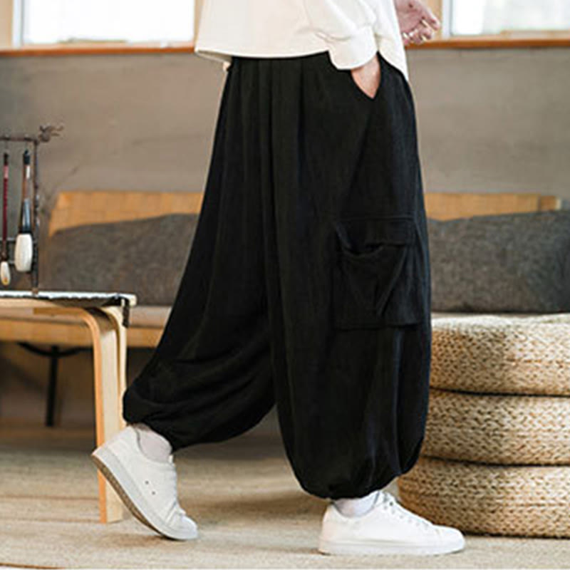 Pantalon cargo en velours côtelé chenille avec cordon de serrage et poches pour homme de Buddha Stones Automne Hiver - image 3