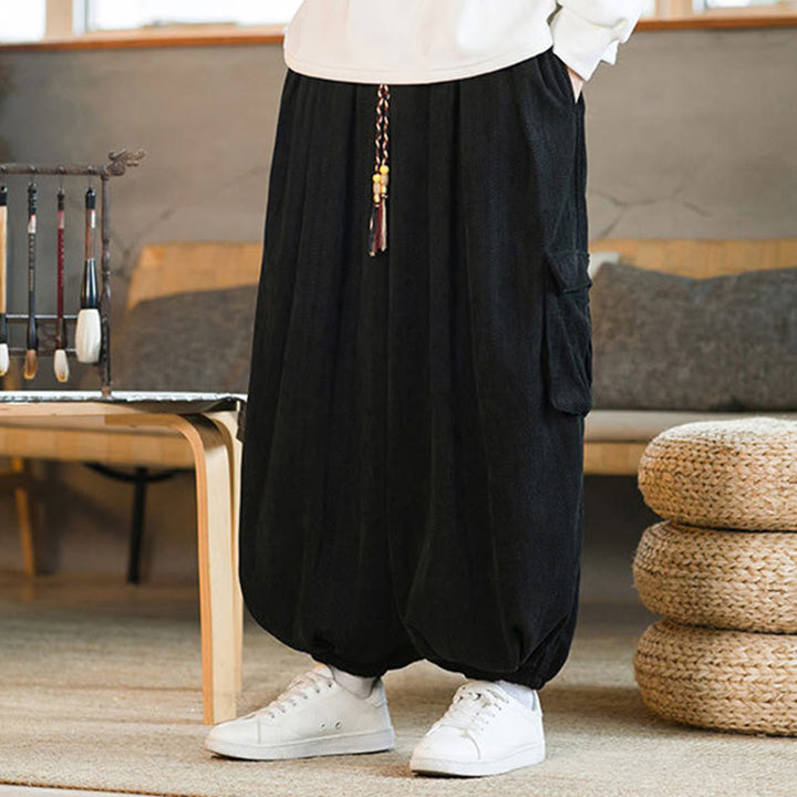 Pantalon cargo en velours côtelé chenille avec cordon de serrage et poches pour homme de Buddha Stones Automne Hiver - image 2