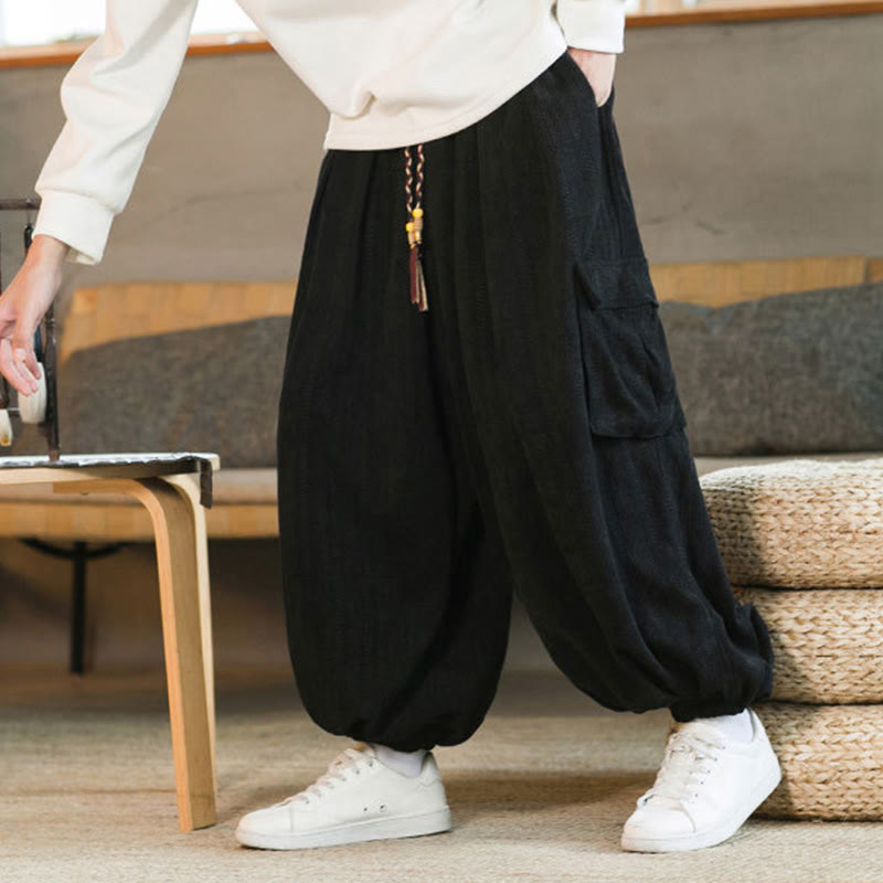 Pantalon cargo en velours côtelé chenille avec cordon de serrage et poches pour homme de Buddha Stones Automne Hiver - image 6